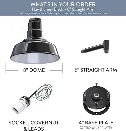 Steel Lighting Co. Hawthorne Barn Light | Outdoor Wall Mounted | 8 inch Dome | 6 inch Straight Arm| Small Farmhouse Light Made in America | Black Exterior/White Interior