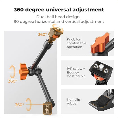 K&F CONCEPT 11" Magic Arm Clamp Kit with ARRI 1/4" & 3/8" Thread Screw, 360° Ball Heads Arm with Clamp Mount for DSLRs, Camera Cage, Monitor, LED Light, Webcam, Action Camera