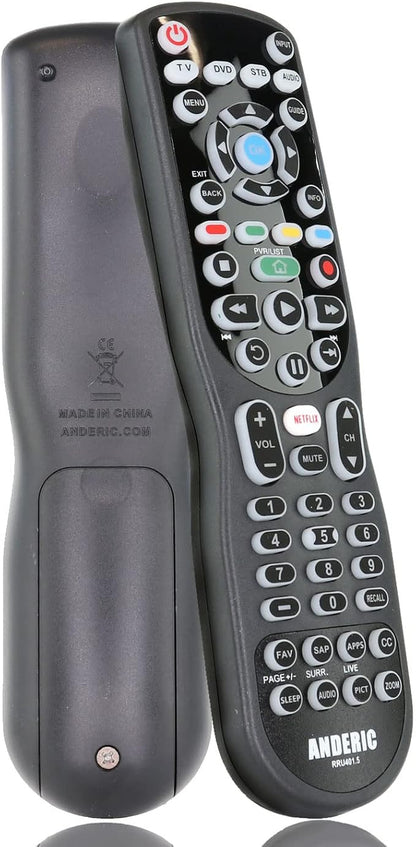 4-in-1, 4-Device IR Universal Remote Control with Macro, Learning, Backlit, Netflix Apps Keys for All TVs, Streaming Players, BluRay Player, Audio, Cable, Roku, Apple TV and More - Anderic RRU401