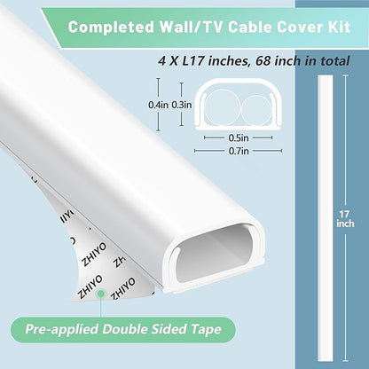 Wire Covers for 2 Cords, 68in Wire Hider on Wall Mounted, Brown Cord Cover Kit, Cable Cover Paintable, Cable Concealer for Extension Cord, Ethernet Cable, Speaker Wire Hider, 4X L17in W0.7in H0.4in