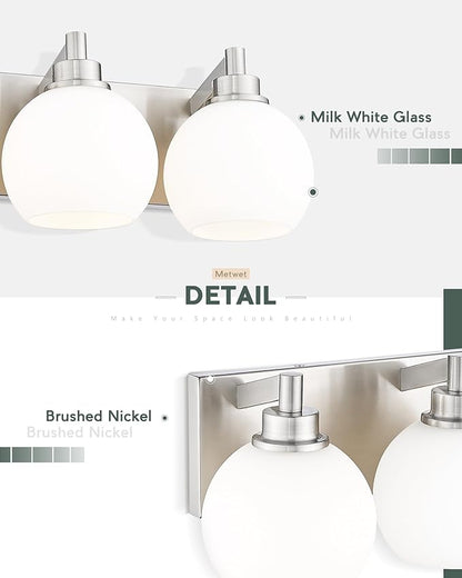 METWET Bathroom Light Fixtures, 3-Light Brushed Nickel Vanity Light, Modern Wall Sconces with Milk White Globe Glass Shade, Vanity Lighting Fixtures Over Mirror, VL195-BN-ML-3
