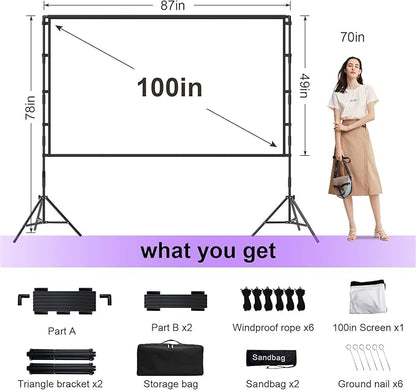 VntB 100 inch Projector sreen and Stand, Outdoor Indoor Projector Screen16:9 Foldable Portable Projector Screens for Movie Night Support Double Sided Projection