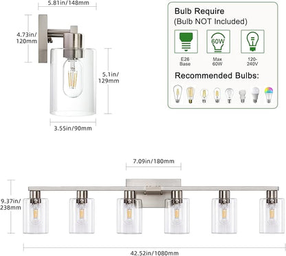 SOPEAS 6-Light Bathroom Light Fixtures, Vanity with Clear Glass, Brushed Nickel Lighting Fixtures Over Mirror, 42inch Large Lights for Bathroom