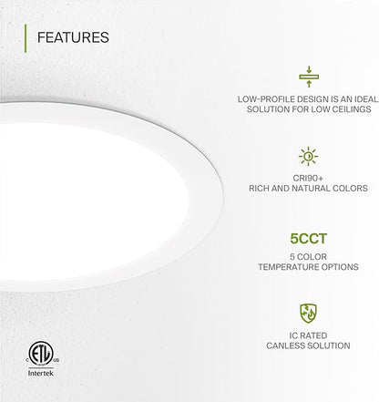ASD 1 Pack 11/12 Inch LED Recessed Lighting 24W, 5 CCT 2700K-5000K CRI90+, IC Rated Ultra Thin Dimmable Ceiling Lights with J Box, Canless Wafer Downlight, Round Slim Panel Light, UL Listed, White
