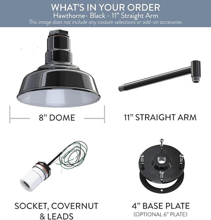 Steel Lighting Co. Hawthorne Barn Light | Outdoor Wall Mounted | 8 inch Dome | 11 inch Straight Arm| Small Farmhouse Light Made in America | Black Exterior/White Interior