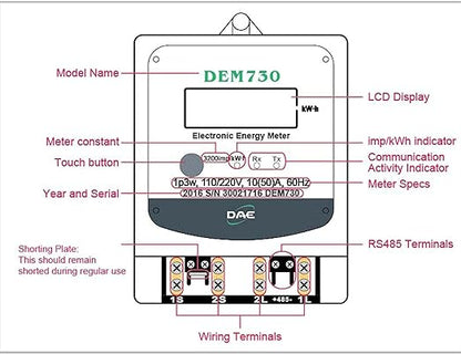 DAE DEM730P Electric kWh Submeter, RS485, 1P3W (2 Hot wire, 1 Neutral), 120/240V, 50A, Internal CT
