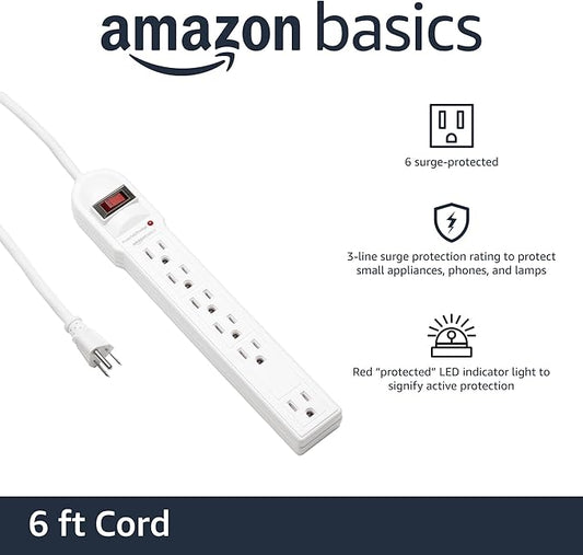 Amazon Basics Surge Protector Power Strip, 6-Outlet, 790 Joules, LED Indicator, 6ft Extension Cord, White