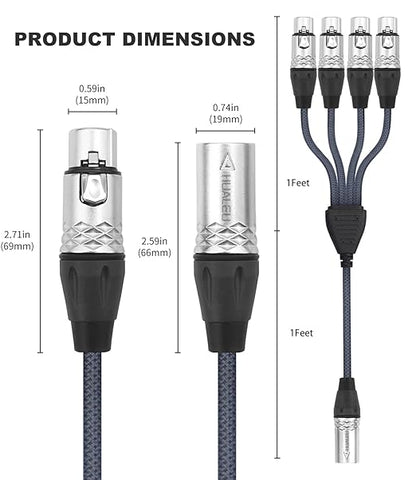 HUALEU 3Pin XLR 1 Male to 4 Female Splitter Cable 2Feet,4WAY XLR Four-Input and one-Output Parallel Connection Adapter,4 Microphone inputs Converted to 1 Output,4 in to 1 Out Aduio Splitter Cable