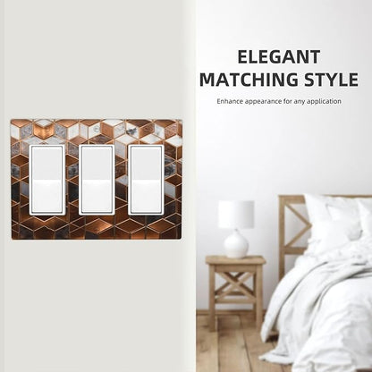 Bvtewkhz Brown Abstract Luxury Modern Geometric Cubic Marble 3 Gang Triple Rocker Decorative Light Switch Covers Electrical Faceplate Switch Plates for Bathroom Kitchen Home