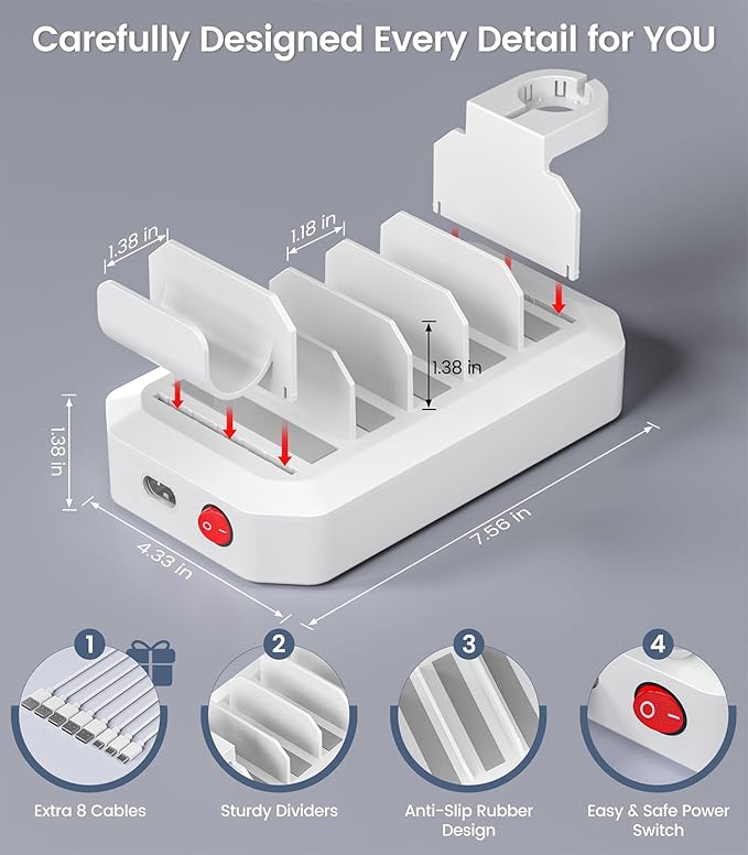 95W Fast Charging Station for Multiple Devices【UL & FCC Certified Safer Charging】 6-Port USB Charging Dock with 2 PD-Port, Compatible with iPhone/Android/MacBook/iPad/Tablet/Kindle/Apple Watch & More