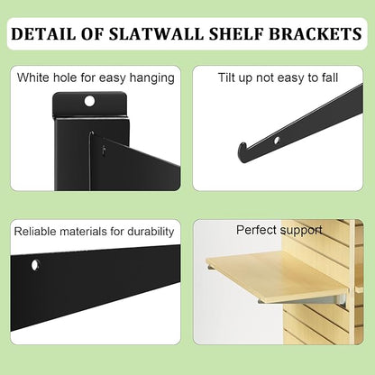 16 Inch Slatwall Shelf Bracket with Lip, 14 Pack Metal Shelf Brackets for Slat Wall,Heavy Duty Slatwall Accessories for Slatwall Panels Shelving Display Home Commercial- Black Slatwall Shelf Brackets