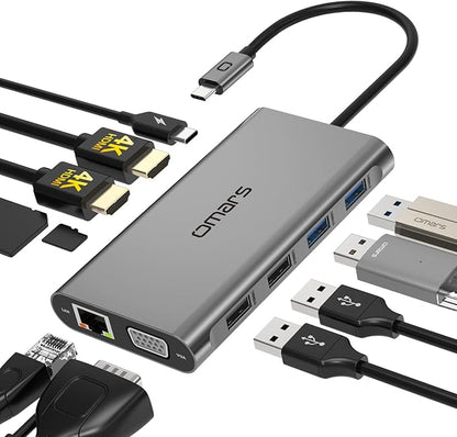 USB C Laptop Docking Station Dual Monitor HDMI for Dell HP 11 in 1 Type USB C Hub Triple Display Multiport Adapter Dongle to 2 HDMI 4K Ethernet 4 USB PD SD TF VGA for MacBook Lenovo Surface