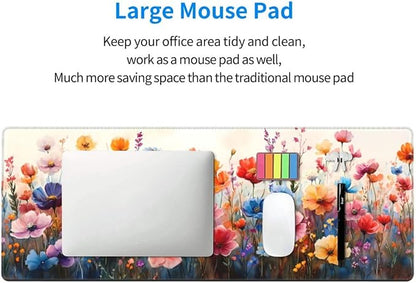 CANFLASHION Desk Pad,Office Desk Mat 31.5"×11.8" Large Gaming Mouse Pad,Durable Extended Computer Mouse Pad,Waterproof Thick Big Mouse Pads with Non-Slip Rubber Base Office Home Watercolor Wild Flower