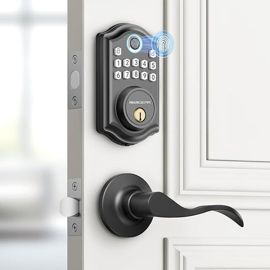 AkaGear DS10 Keyless Entry Door Lock with Handle - 2 Lever Handles, Fingerprint Door Lock, Keypad Deadbolt, 2 Keys, Code, Smart Locks for Front Door, Auto-Lock, Easy Installation - Matte Black