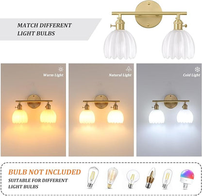 Shenmoyl Bathroom Light Fixtures, 2-Light Brass Vanity Wall Light Over Mirror with White Tulip Glass Shade for Bedroom Living Room (Bulb Not Included)