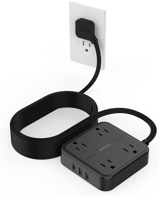 Surge Protector Flat Extension Cord 15FT, TESSAN Flat Plug Power Strip with 4 Outlets 3 USB C Ports (1 USB C), 900 Joules Protection, Multiple Wall Outlet Extender Suitable for Home Office Dorm, Black