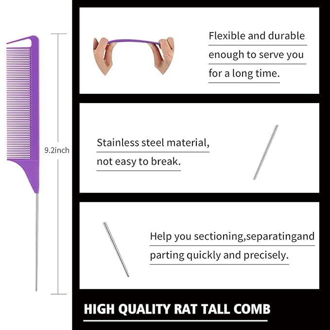 3 Pieces Hair Styling Comb Set Teasing Brush Rat Tail Comb Edge Brush for Edge&Back Brushing, Combing, Slicking Hair for Women (Purple)