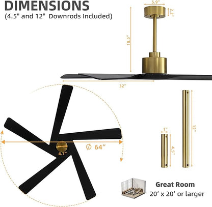 WINGBO 64" ABS DC Ceiling Fan No Light, 5 Blade ABS Plastic Ceiling Fan with Remote, 6-Speed Reversible DC Motor, Ceiling Fans without Light for Kitchen Bedroom Living Room, Brass and Matte Black