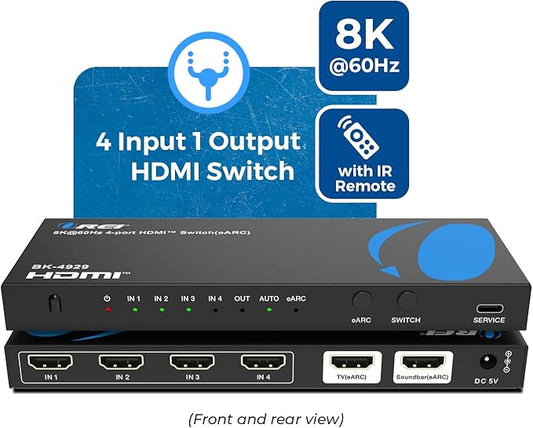 OREI 4-Port eARC 8K Audio Extractor 4x1 Switch for Monitors TVs, Extract Dolby Atmos to Convert Sound bar 4K @ 120hz 18G ARC HDCP 2.3 Perfect for 8K Displays, CEC, Remote Control Works for Sonos Bose