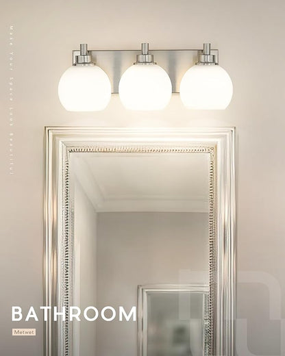 METWET Bathroom Light Fixtures, 3-Light Brushed Nickel Vanity Light, Modern Wall Sconces with Milk White Globe Glass Shade, Vanity Lighting Fixtures Over Mirror, VL195-BN-ML-3