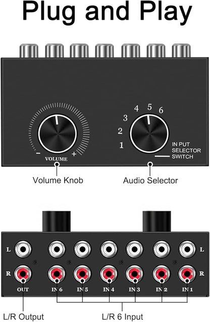 6-Way Audio Switcher, Right and Left Channel Stereo Audio Switcher, Plug & Play Compatible with TV, Blu -Ray Player, DVD Player, CD, Amplifier, Speaker (6 in-1 Out)