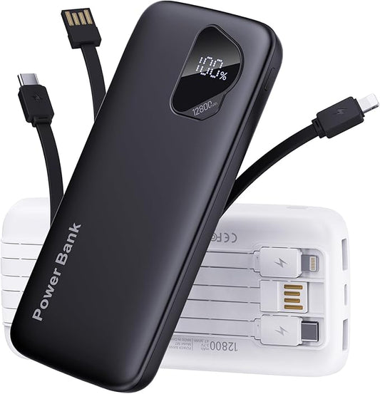 2025 Portable Charger with Built in Cables, 12800mAh Travel Essential Battery Pack, 4 Outputs 2 Inputs Slim Power Bank with Cord Wires Compatible with iPhone,Samsung,Android (2 Pack)