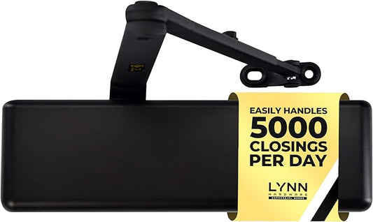 LYNN HARDWARE Extra Heavy Duty Automatic Door Closer (Matte Black) - Commercial Grade, Contractors Choice, Adjustable Speed, Delayed Closing Timer, 3 Mounting Options, 3 Hour Fire Rated (DC9016 Model)