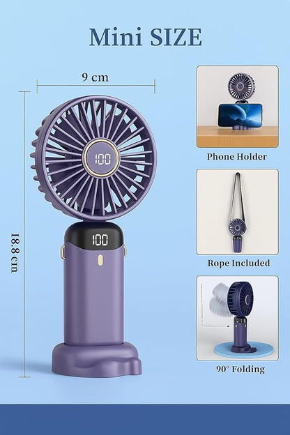 AMPMG LED Digital Display Rechargeable Fan – Portable Handheld & Desk Fan with Adjustable Speeds, USB Charging, Quiet Operation, and Base Stand for Home, Office, Travel and Outdoor Use
