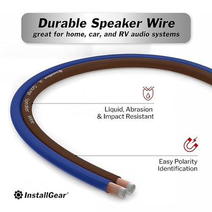 InstallGear 100ft 14 Gauge Speaker Wire with 12 Banana Plugs - Copper Clad Aluminum Cable for Clear Audio Sound - Easy-Install Car Speaker Wire and Home Theater Setup with Blue Black Jacket
