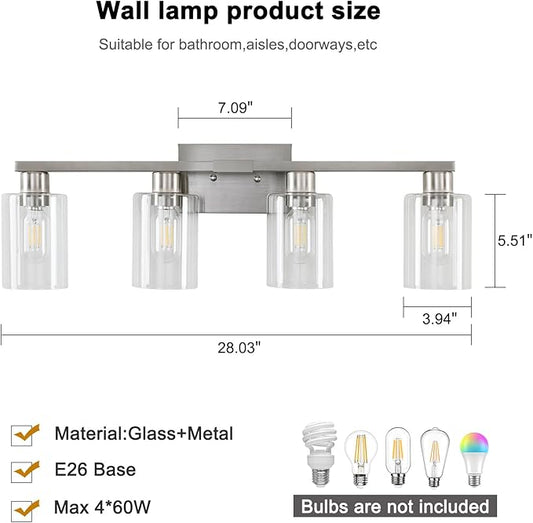 SOPEAS 4 Light Bathroom Light Fixtures, Brushed Nickel Modern Bathroom Vanity Light with Clear Glass Shade, Bathroom Lighting Fixtures Over Mirror, Vanity Lights for Bathroom Mirror