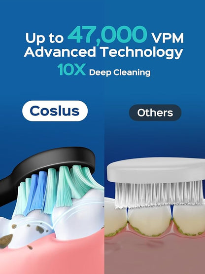 COSLUS Sonic Electric Toothbrush for Adults: 47000 VPM for Deep Cleaning & Whitening with Travel Case - 5 Modes for Sensitive Teeth & Braces, Wireless Charging, 6 Brush Heads for Family, Black (1PC)