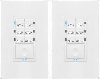 ENERLITES 4-Hour Countdown Timer Switch, 5-10-30-60 Min, 2-4 Hour, for Bathroom Fans, Lights, 120VAC Neutral Wire Required, UL Listed, HET06-W-2PCS, White, 2 Pack