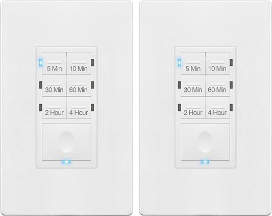 ENERLITES 4-Hour Countdown Timer Switch, 5-10-30-60 Min, 2-4 Hour, for Bathroom Fans, Lights, 120VAC Neutral Wire Required, UL Listed, HET06-W-2PCS, White, 2 Pack