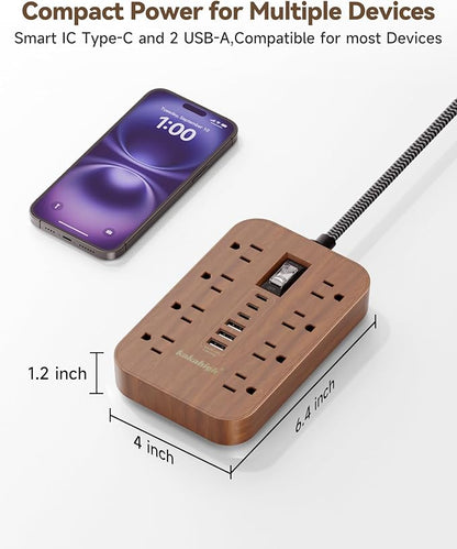 Walnut Power Strip with USB Ports - 10 FT Wood Power Strip, 1625W Decorative Extension Cord with 6 AC Outlet 3 USB, for Brown Tan Wood Walnut Grain Aesthetic Vintage Rustic Desk Accessories Decor