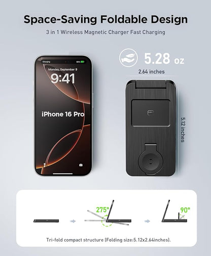 3 in 1 Magnetic Wireless for iPhone Charging Station: Foldable Portable Charger for iPhone 16-12 Pro Max & Apple Watch & AirPods, for Apple Multiple Devices Charger for Home,Office&Travel