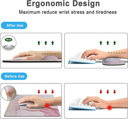 Keyboard Wrist Rest Memory Foam Ergonomic Mouse Pad with Computer Wrist Support Set with Non-Slip Rubber Base Coaster for Home, Office Easy Typing and Pain Relief - Pink Gold Marble