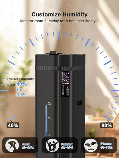 Zeova 13L/3.4Gal Humidifiers for Bedroom, Ultrasonic Warm & Cool Mist Humidifier Large Room, Covers 800ft², 72H Runtime, 24H Timer, 3 Mist Modes Top Fill Quiet Humidifiers for Home, Office, Black