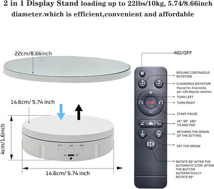 JAYEGT 2 in 1 Motorized Rotating Display Stand with 5.74 /8.66 inch Replacement Mirror Cover，Max 22lbs Load with Remote controller , 360 Degree Electronic Turntable Display Stand for Photography