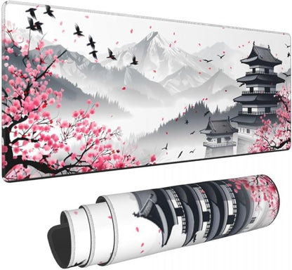 CANFLASHION Desk Pad,Office Desk Mat 31.5"×11.8"Large Gaming Mouse Pad,Durable Extended Computer Mouse Pad,Waterproof Thick Big Mouse Pads with Non-Slip Rubber Base Office Home Japanese Castle Cherry