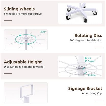 YEOOE Upgraded Retail Display Stand 7 Tier Spinning Display Stand, Movable Shop Spinner Rack with Hooks, Retail Display Racks for Jewelry Keyring Hats Socks Toys (White)