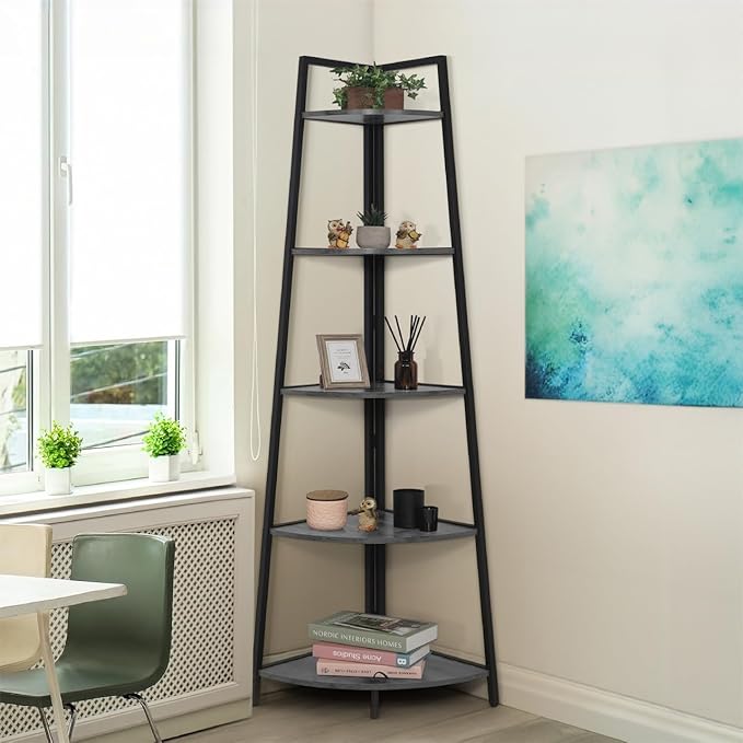 CAPHAUS Tall Corner Shelf Stand, 5-Tier Display Shelves, Ladder Corner Wood Storage Plant Bookshelf with Metal Frame, Versatile Shelving Unit Bookcase for Home Office Space, Dark Grey