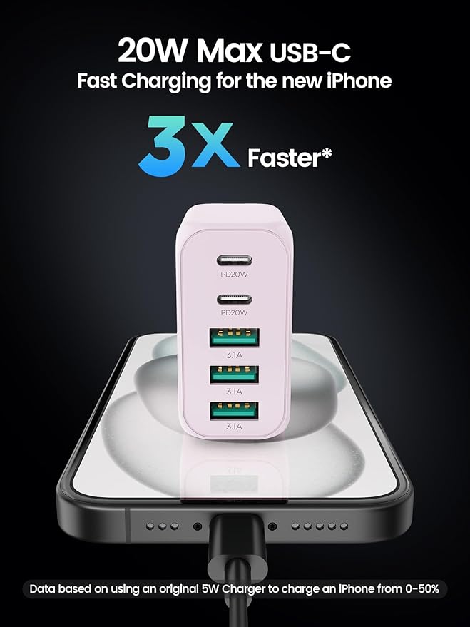 2-Pack Type C Fast Charging, 50W 5-Port USB Wall Charger Cube for iPhone 16 15 14 13 12 11 Pro Max XS, iPad, Samsung & More - Pink