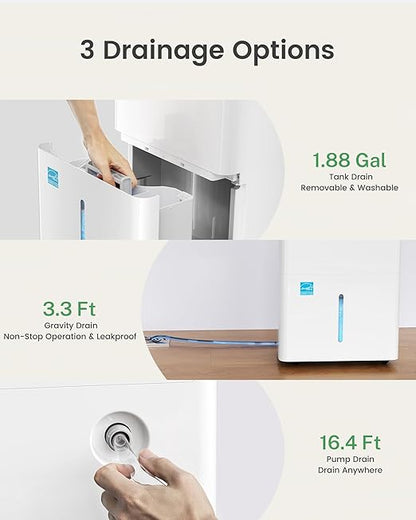 Waykar 150 Pint 2025 Energy Star Dehumidifier with Pump for Large Rooms up to 7,000 Sq. Ft. for Home, Basement, Commercial, Industrial, with Drain Hose & Tank, Auto Defrost, Smart Auto Comfort Mode