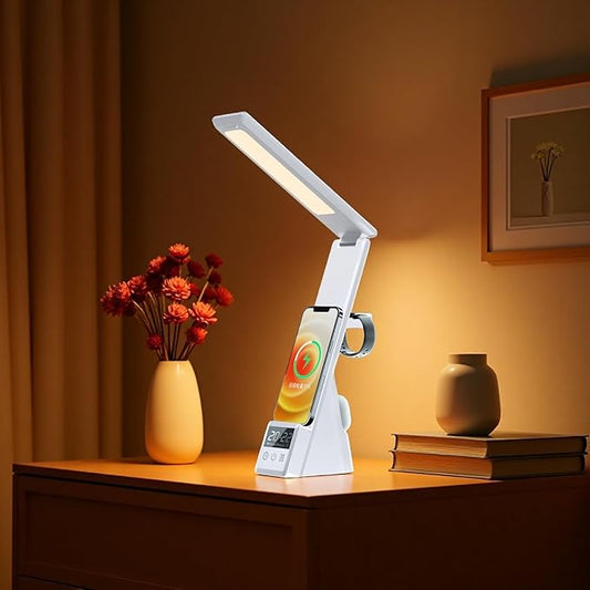 FJHBL Multifunctional Desk Lamp Wireless Charger with LED Display, Digital Clock, Alarm, and Tri-Color Lighting. Compatible with All Major Qi-Enabled Phones, Watches, and Earbuds,N61(White).