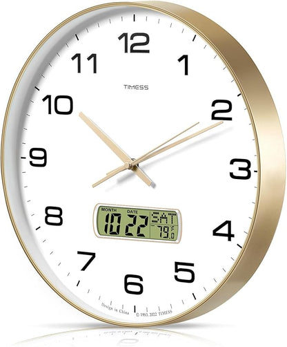 TIMESS Wall Clock, 13" Dial Non-Ticking Silent Battery Operated Analog with LCD Display for Perpetual Calendar and F° Temperature, Ideal Modern Home, Bedroom, Kitchen, Office Decor (Gold)