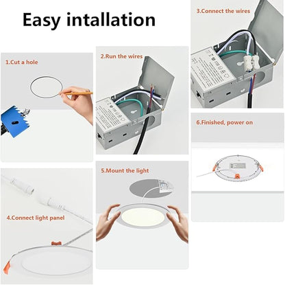 MKUJOO 48 Pack 6 Inch Ultra-Thin LED Recessed Ceiling Light with Junction Box,panel light,Daylight, 13W,2700K/3000K/3500K/4000K/5000K Selectable Dimmable Downlight ETL&FCC&CE and Energy Star Certified