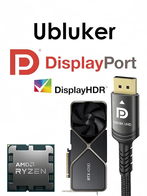 Ubluker 10K 8K DisplayPort 2.1 Cable 54Gbps 16.4 FT, Certified DP to DP Cord 4K 240Hz 165Hz 144Hz 120Hz 10K 8K 120Hz Nylon Braided UHBR HDCP2.3 FreeSync G-Sync RTX5090 Gaming Monitor PC Projector