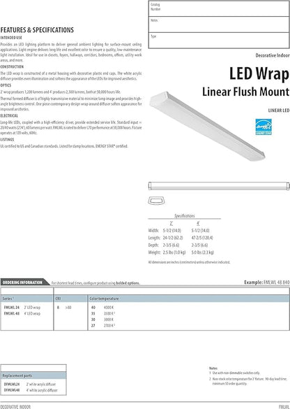Lithonia Lighting 4 Foot LED Light Fixture, Low-Profile LED Wraparound Flush Mount Ceiling Light, 2700K Soft White, 120V, 48-Inch (FMLWL 48 827)