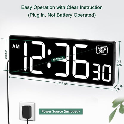 Soobest LED Digital Wall Clock with Seconds, Electric Clock Plug Auto DST Dimmer LED Large Display 10 Inches (White)