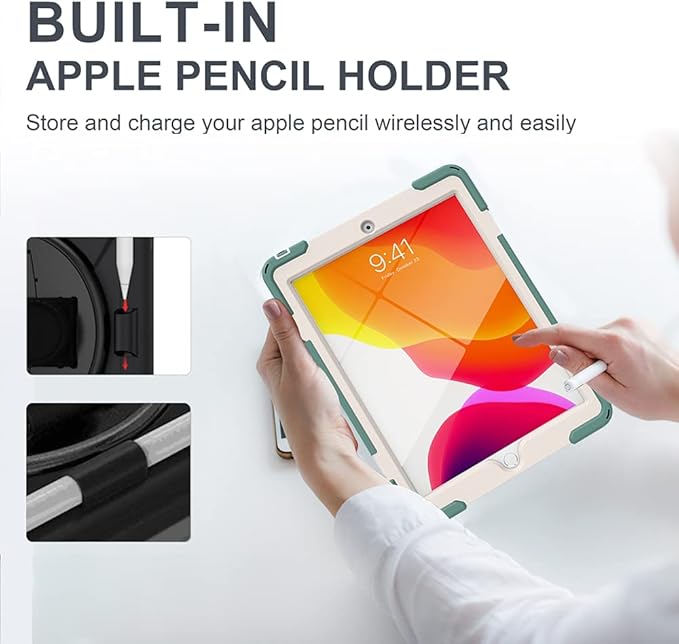 ZenRich Shockproof Case for iPad 9th/8th/7th Generation 10.2 inch 2021/2020/2019, Heavy Duty Rugged Case with Pencil Holder/360° Rotating Kickstand/Handle/Carrying Strap, EmeraldGreen